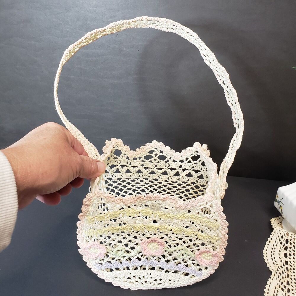 Vintage Crochet Pastel Delicate Lace Easter Starched Basket NEED Repairing